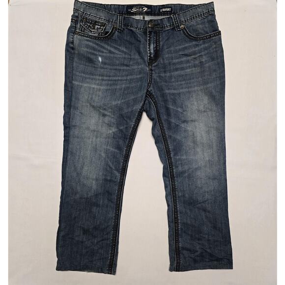 Seven7 Jeans Mens 40x32 Blue Straight Leg Embroidered Pockets Distressed Denim - Picture 1 of 15